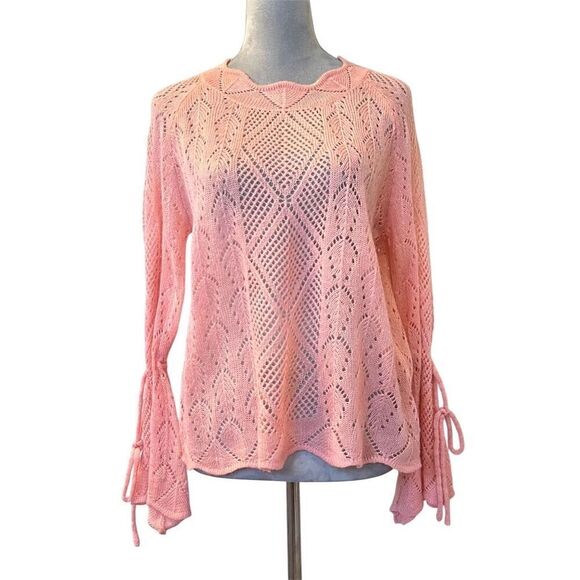 Women's Pink Bell Sleeve Open Knit Sweater Size L Casual Pullover Scallop Neck - Picture 1 of 11